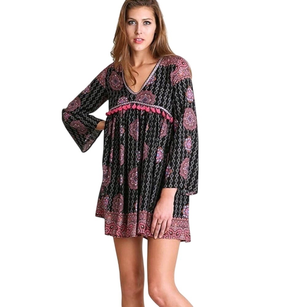 Umgee Bohemian Black and Pink Tunic Dress Size 1XL Boho Babydoll‎